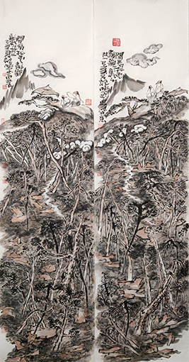 孔晓书作品7《闲看孤云静观松之其一  其二》国画(38ⅹ145cmx2 2019)